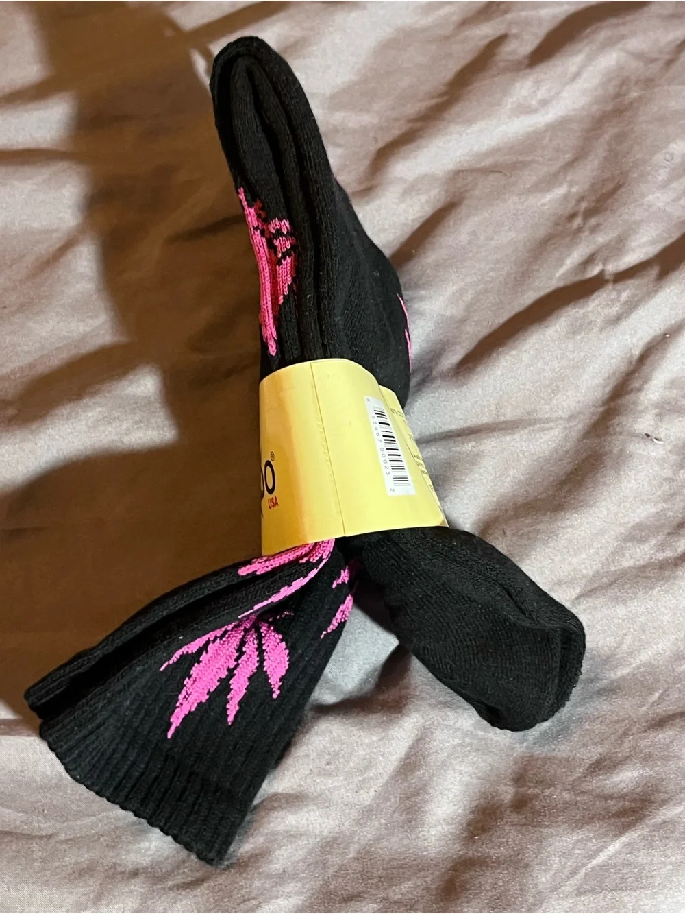 Black Crew Socks with Pink Leaf Motif